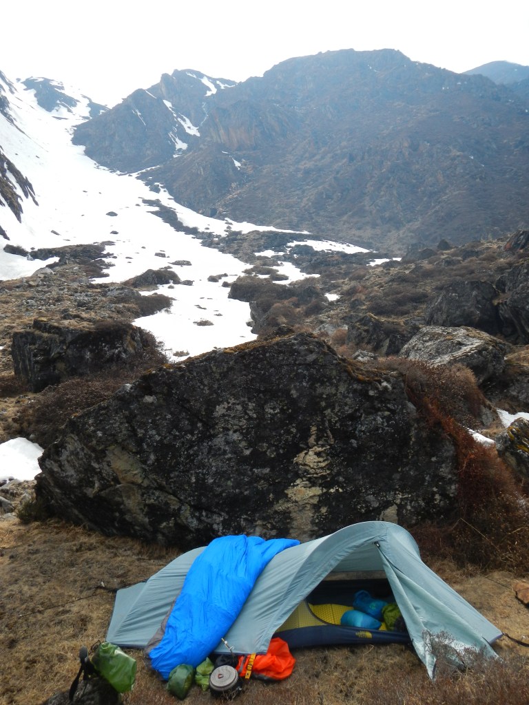 Lumbha Sumba Pass base camp.  The route the following day was straight up the re-entrant in the background. 