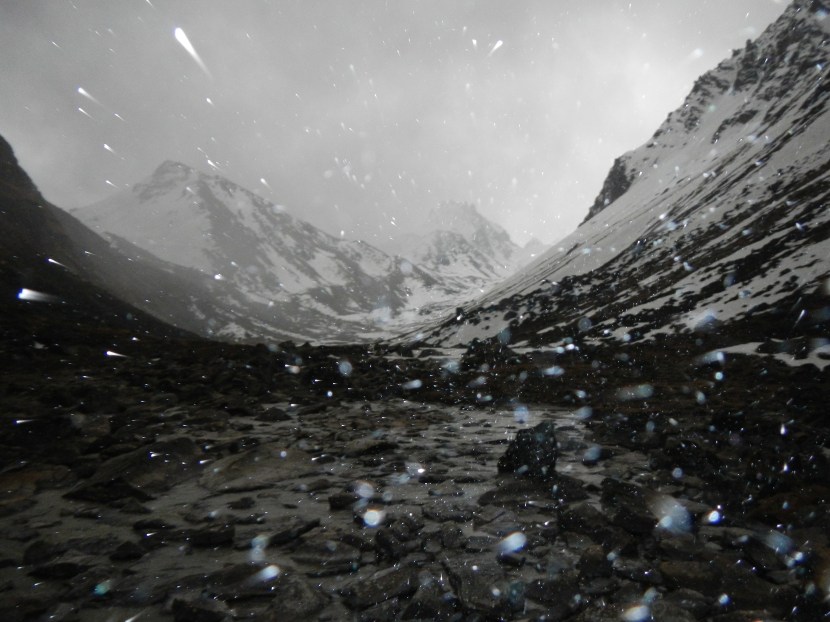 As I descended from the Lumbha Sumba Pass (5130m) I large storm was working its way up the valley.  As I looked for shelter on either side of the valley I ran through the streams, sadly there was nothing until I found a yak herders tent.
