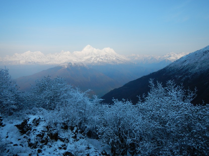Morning view of Tibet from a ridge-line the Kanchenjunga National Park on the way to the village of Chyamtang