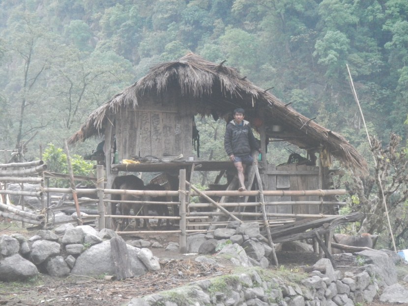 A small bamboo hut in the middle of the jungle at the edge of the Arun River.  After getting caught out by another storm the farmer was very kind and let me stay here overnight.
