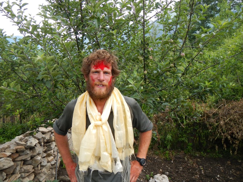 Relieved and happy to have finished. The red powder and scarves were given as part of the welcoming by the GHT Development Programme team as I arrived into the village of Simikot.