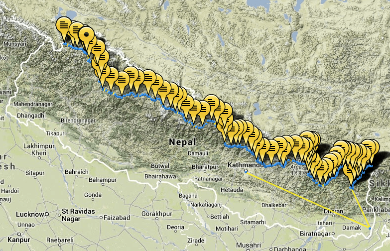 This is a screen shot from my Yellowbrick Tracking system website.  It shows the exact route I took across Nepal using both the Upper and Lower GHT.  Most of the routes used were however, in the upper sections.  